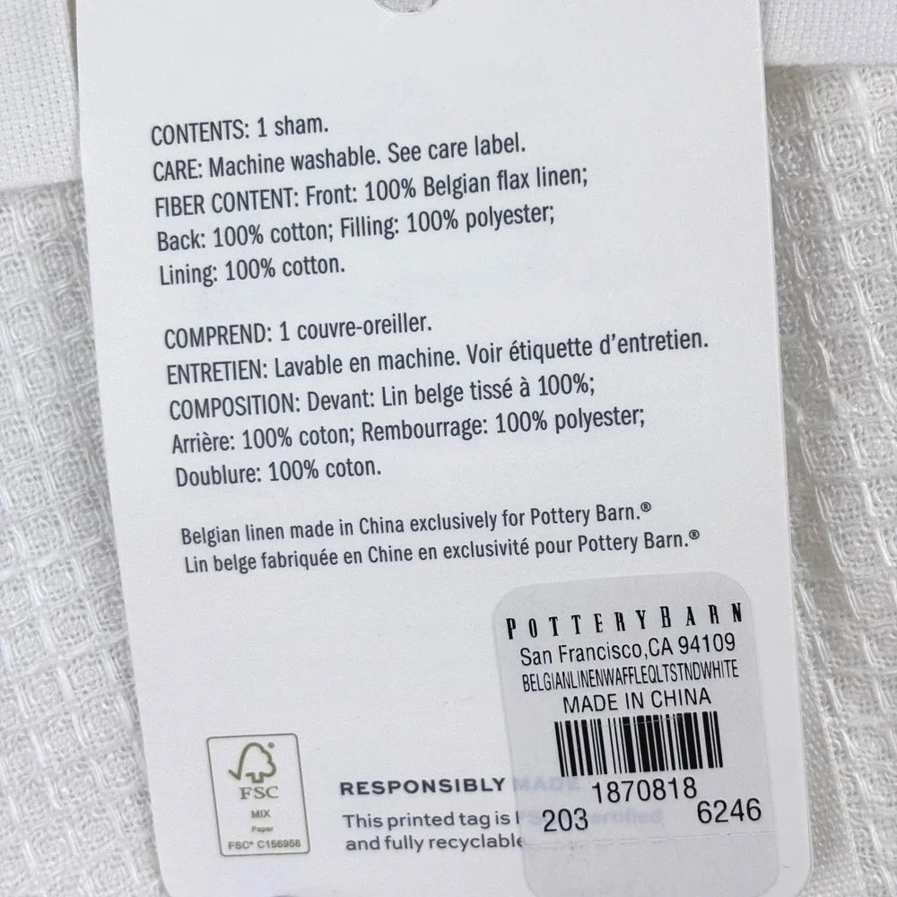 2 Pottery Barn Belgian Flax Linen Waffle Weave STANDARD Pillow Shams White